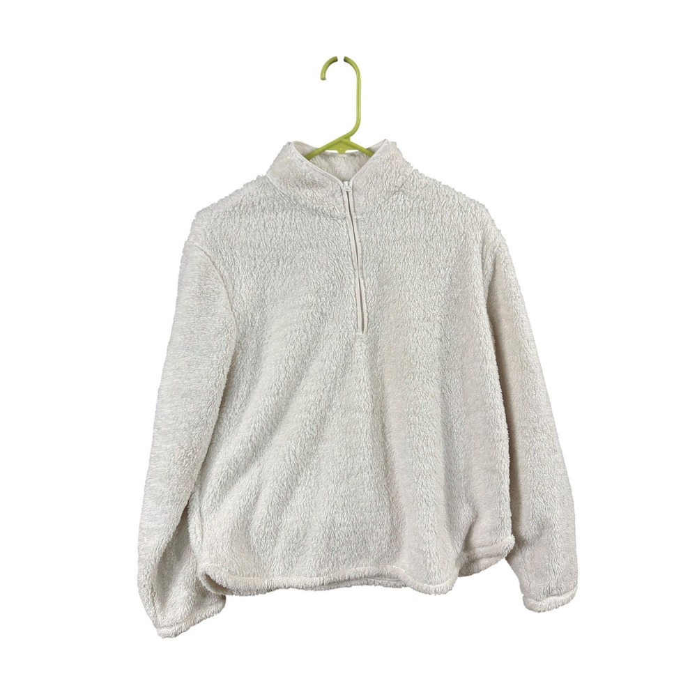 HM Basics Womens Cream Teddy Fleece Quarter Zip Pullover Mock Neck Sweater Med